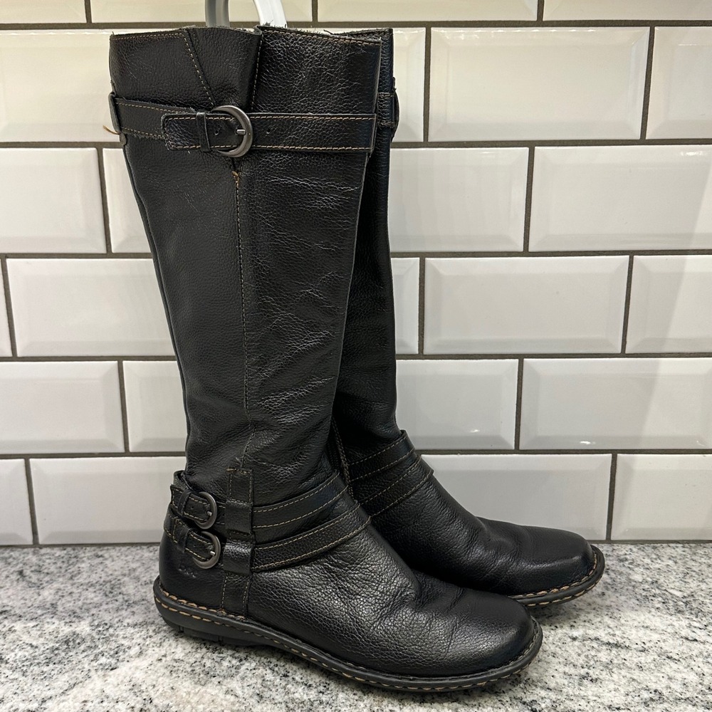 b.o.c. Women 7 Riding Boots Black Leather Buckle Straps Equestrian Moto C48903